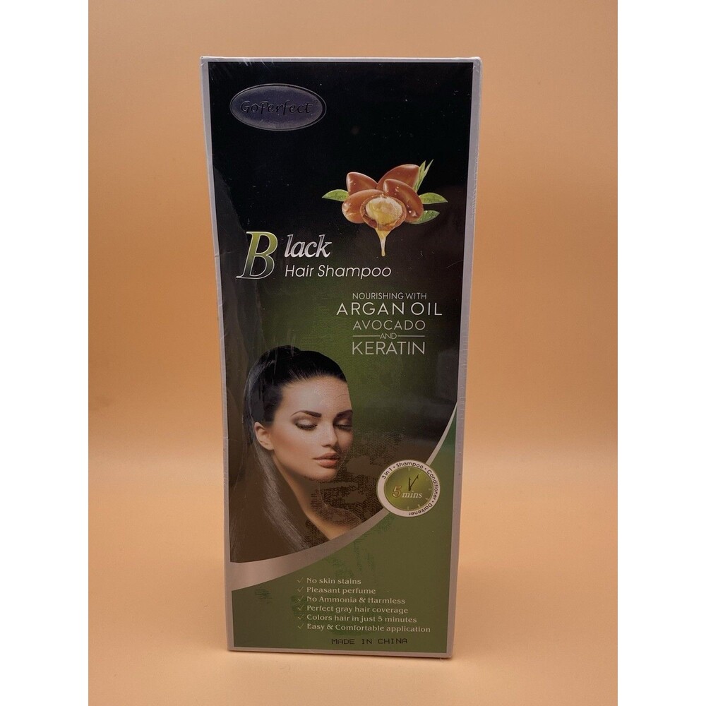 Go Perfect Black Hair Dye Shampoo W/Argan Oil Avocado and Keratin, New Sealed